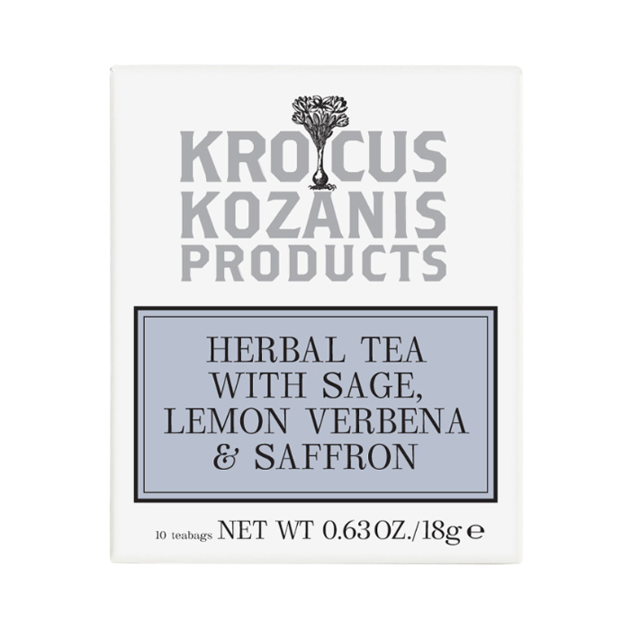 Krocus Kozanis saffraan thee met salie en citroenverbena, 10 zakjes Krocus Kozanis saffraan thee met salie en citroenverbena, 10 zakjes
