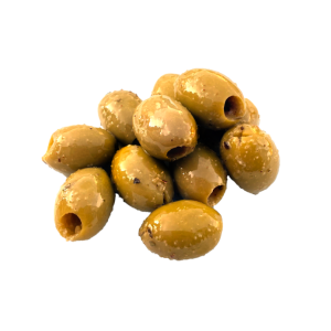 Vers gemarineerde groene olijven zonder pit met knoflook & oregano, 250 gr